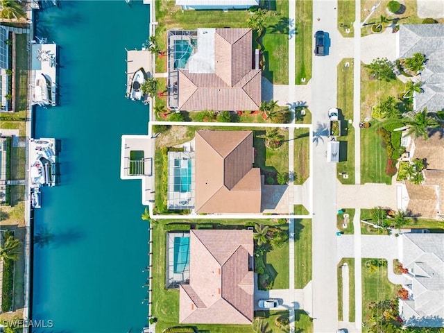 drone / aerial view featuring a water view