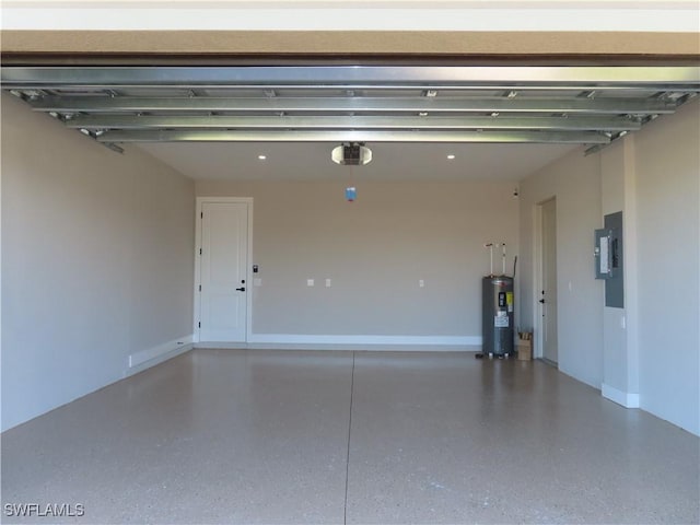 garage featuring a garage door opener, electric panel, and electric water heater