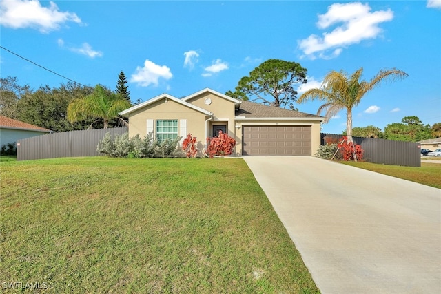 single story home with a front yard and a garage