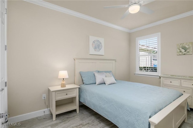 bedroom featuring baseboards, ornamental molding, and a ceiling fan