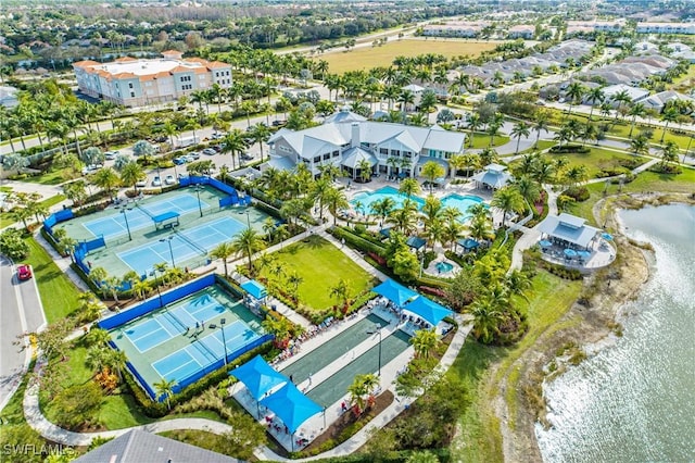 birds eye view of property featuring a water view