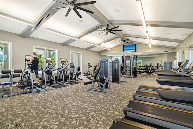 exercise room with carpet floors and lofted ceiling