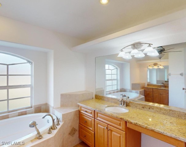 bathroom featuring vanity, tiled tub, and a wealth of natural light