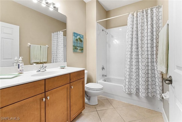 full bathroom with shower / bath combination with curtain, vanity, toilet, and tile patterned flooring