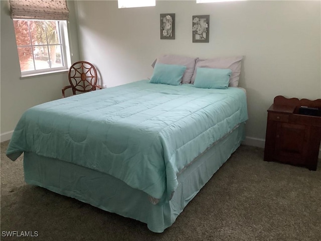 bedroom featuring multiple windows and dark colored carpet