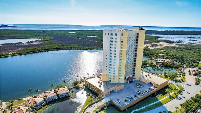 drone / aerial view featuring a water view