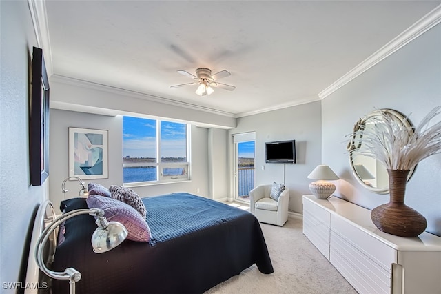 bedroom with ceiling fan, ornamental molding, access to exterior, and light carpet