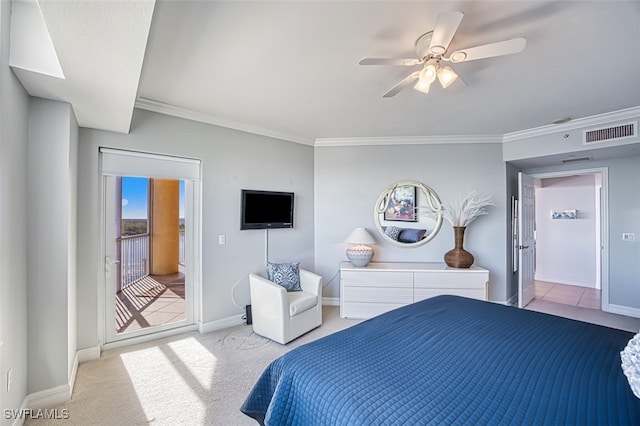 carpeted bedroom featuring ornamental molding, access to outside, and ceiling fan