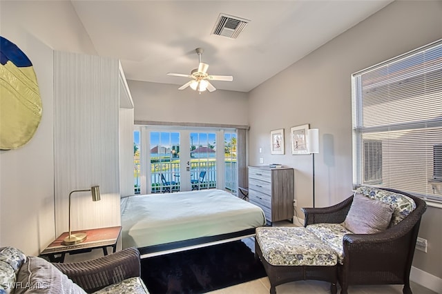 bedroom featuring access to outside and ceiling fan