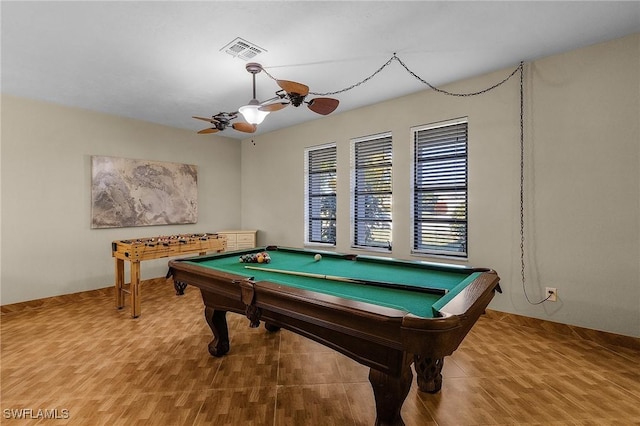 rec room with ceiling fan and pool table