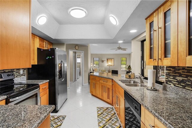 kitchen featuring a raised ceiling, ceiling fan, sink, and appliances with stainless steel finishes