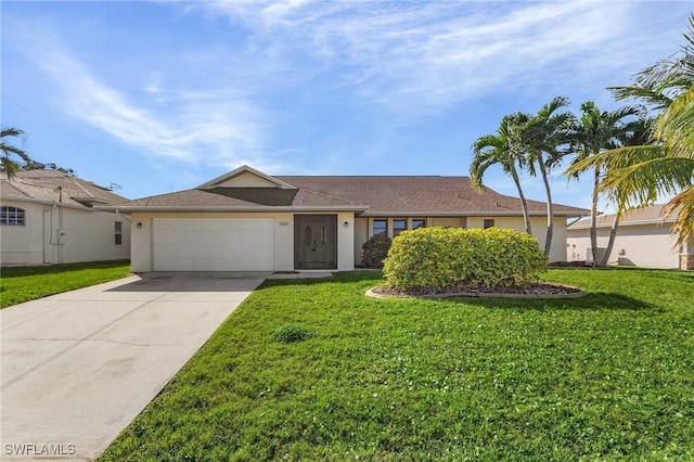 ranch-style house with a garage and a front yard