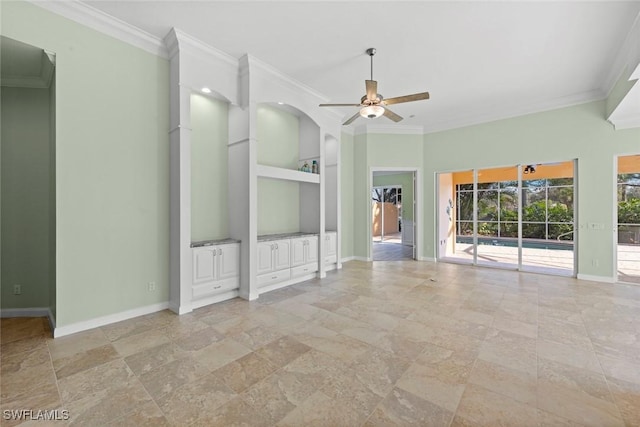 unfurnished living room featuring ceiling fan, ornamental molding, and built in features