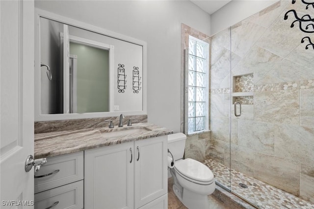 bathroom featuring toilet, vanity, and a shower with door