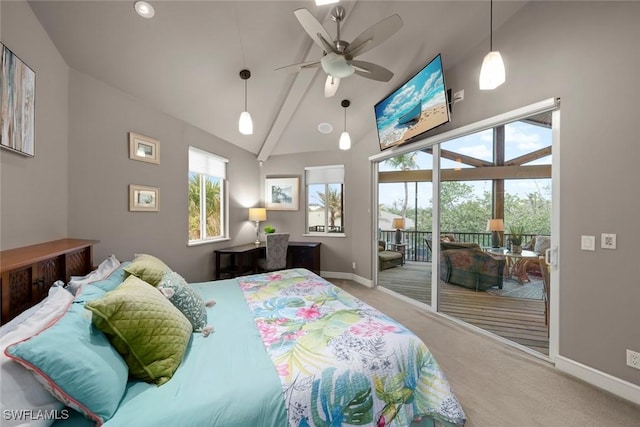 bedroom with ceiling fan, access to exterior, high vaulted ceiling, carpet flooring, and beamed ceiling