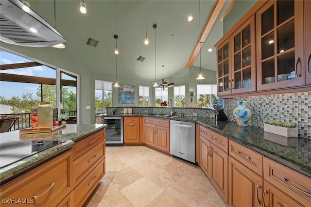 kitchen featuring decorative light fixtures, wine cooler, dishwasher, vaulted ceiling with beams, and dark stone counters