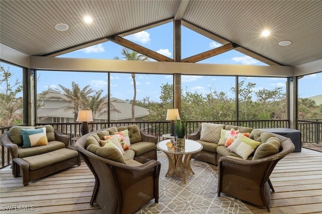 sunroom / solarium featuring wooden ceiling and lofted ceiling