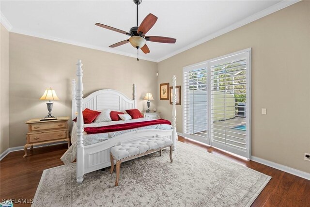 bedroom with ceiling fan, dark hardwood / wood-style flooring, crown molding, and access to exterior