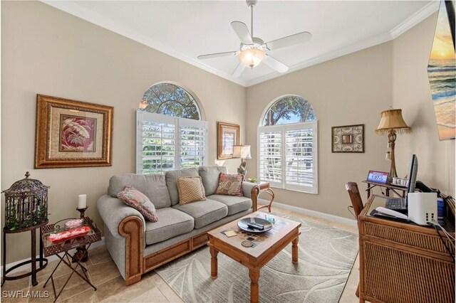 tiled living room featuring ceiling fan and ornamental molding