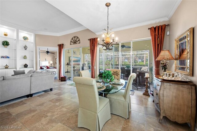 dining area featuring ceiling fan with notable chandelier and ornamental molding