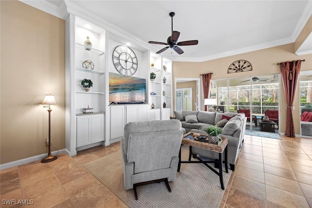 living room featuring ornamental molding, ceiling fan, and built in features