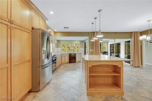 kitchen featuring hanging light fixtures, light stone counters, tasteful backsplash, a kitchen island, and stainless steel fridge with ice dispenser