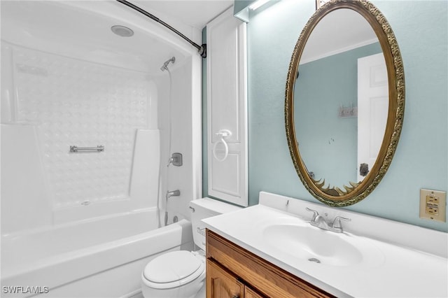 full bathroom with shower / washtub combination, vanity, ornamental molding, and toilet