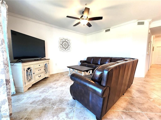 living room with crown molding and ceiling fan