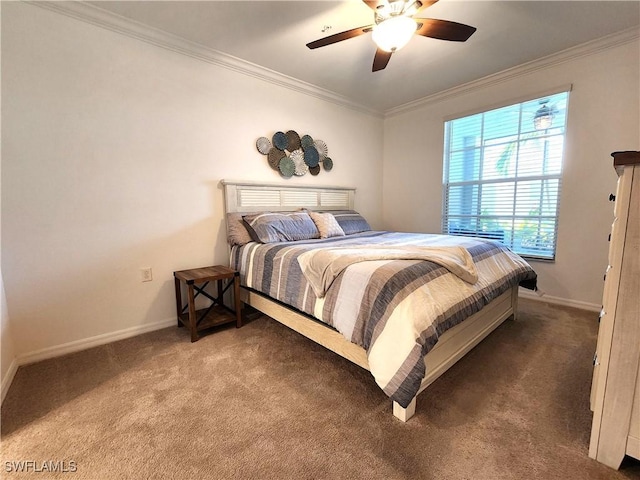 carpeted bedroom with crown molding and ceiling fan