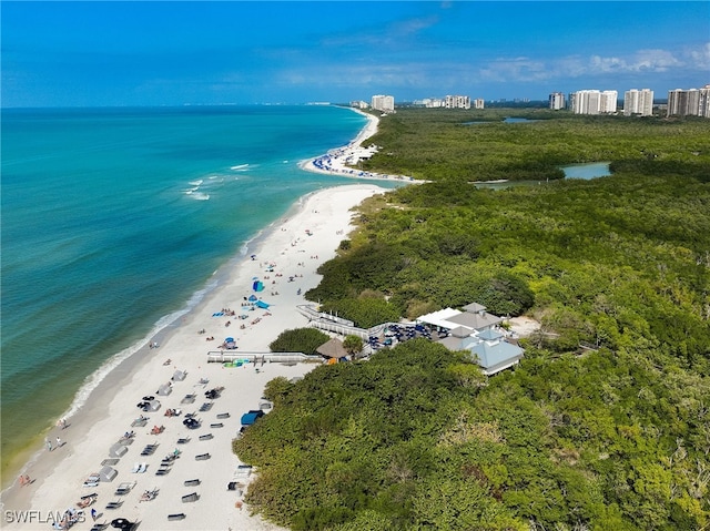 bird's eye view with a view of the beach and a water view