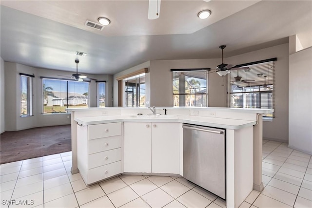 kitchen with visible vents, light countertops, ceiling fan, and stainless steel dishwasher