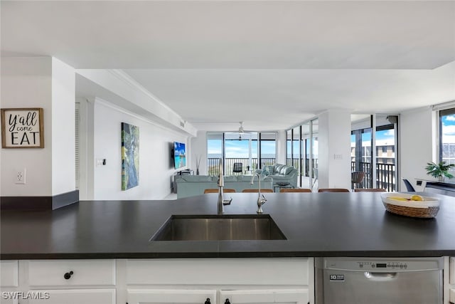 kitchen featuring a healthy amount of sunlight, white cabinets, sink, and dishwasher