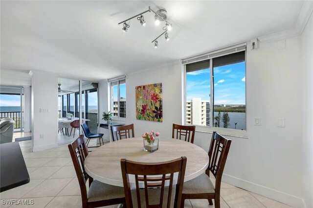 dining room featuring light tile patterned floors, ornamental molding, rail lighting, and a water view