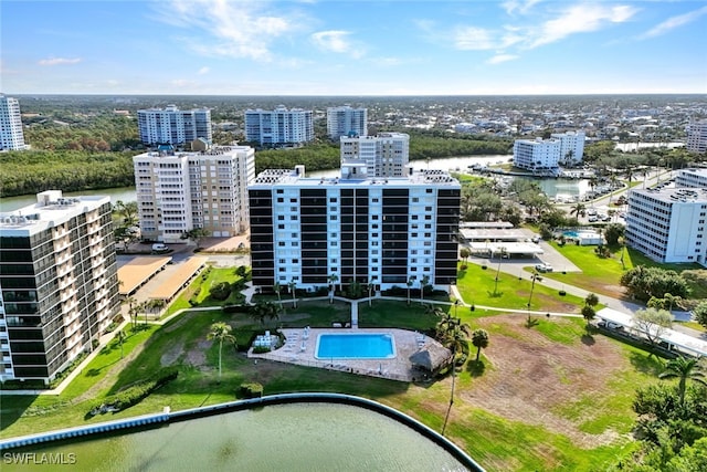 drone / aerial view with a water view