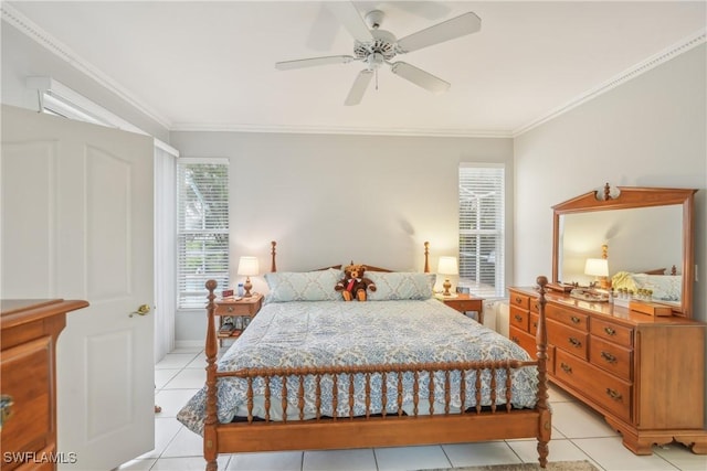 bedroom with crown molding, ceiling fan, and light tile patterned flooring