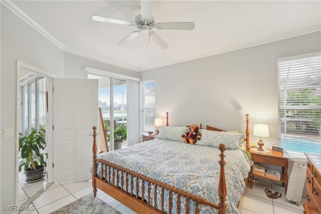 tiled bedroom featuring crown molding, access to exterior, and ceiling fan