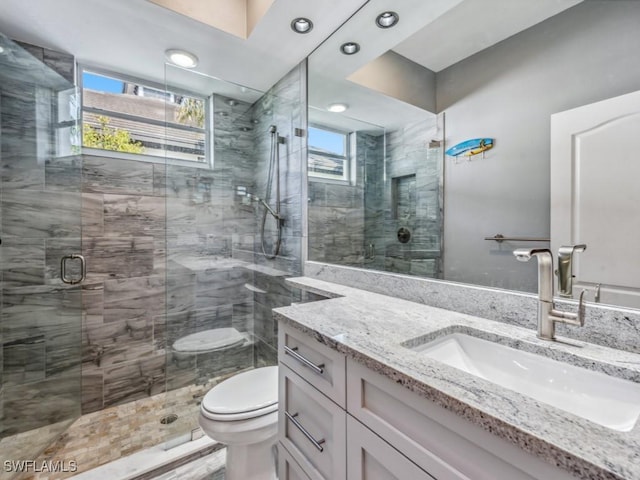 bathroom with a wealth of natural light, vanity, a shower with shower door, and toilet