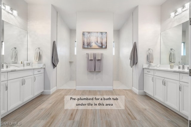 bathroom with a shower, hardwood / wood-style flooring, and vanity