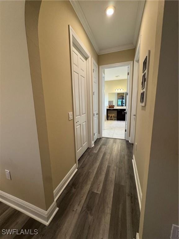 hallway with crown molding and dark hardwood / wood-style floors