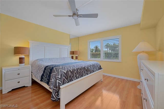 bedroom featuring light hardwood / wood-style floors and ceiling fan