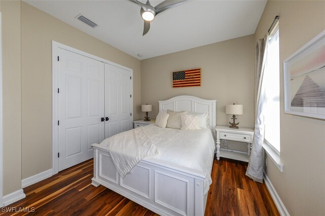 bedroom featuring a closet, dark hardwood / wood-style floors, and multiple windows