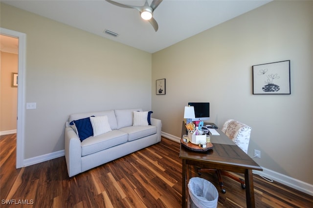 office featuring dark hardwood / wood-style flooring and ceiling fan