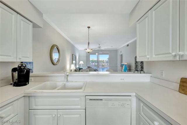 kitchen featuring sink, white cabinets, ceiling fan, ornamental molding, and white dishwasher