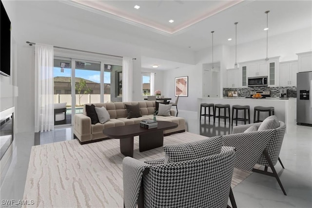 living room featuring a raised ceiling