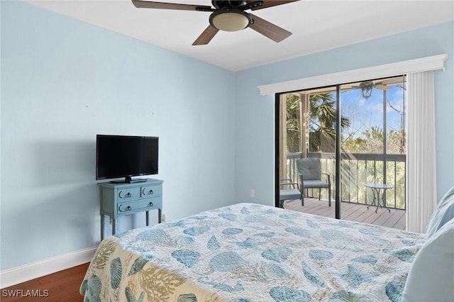 bedroom featuring access to exterior, ceiling fan, and dark hardwood / wood-style floors