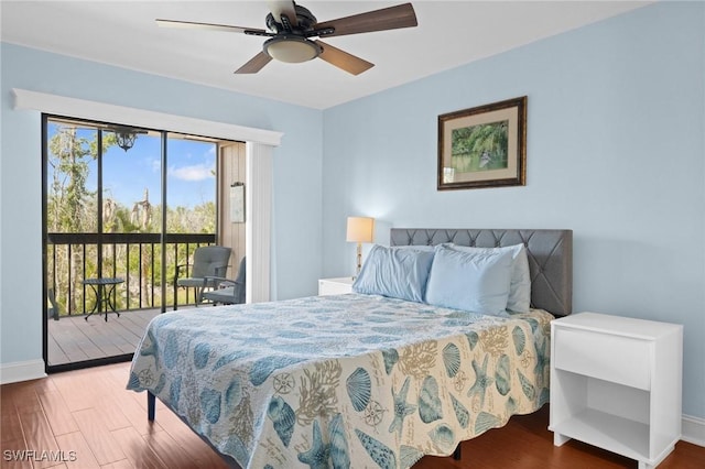 bedroom featuring access to outside, ceiling fan, and wood-type flooring