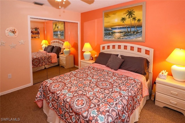 bedroom with ceiling fan, a closet, and carpet