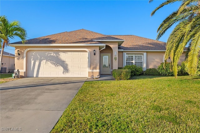 ranch-style home with cooling unit, a garage, and a front lawn