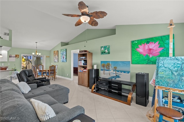 tiled living room featuring lofted ceiling and ceiling fan with notable chandelier