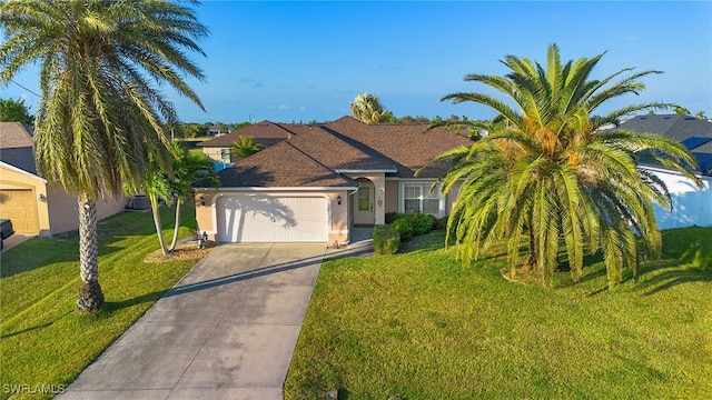 view of front of property with a front lawn and a garage